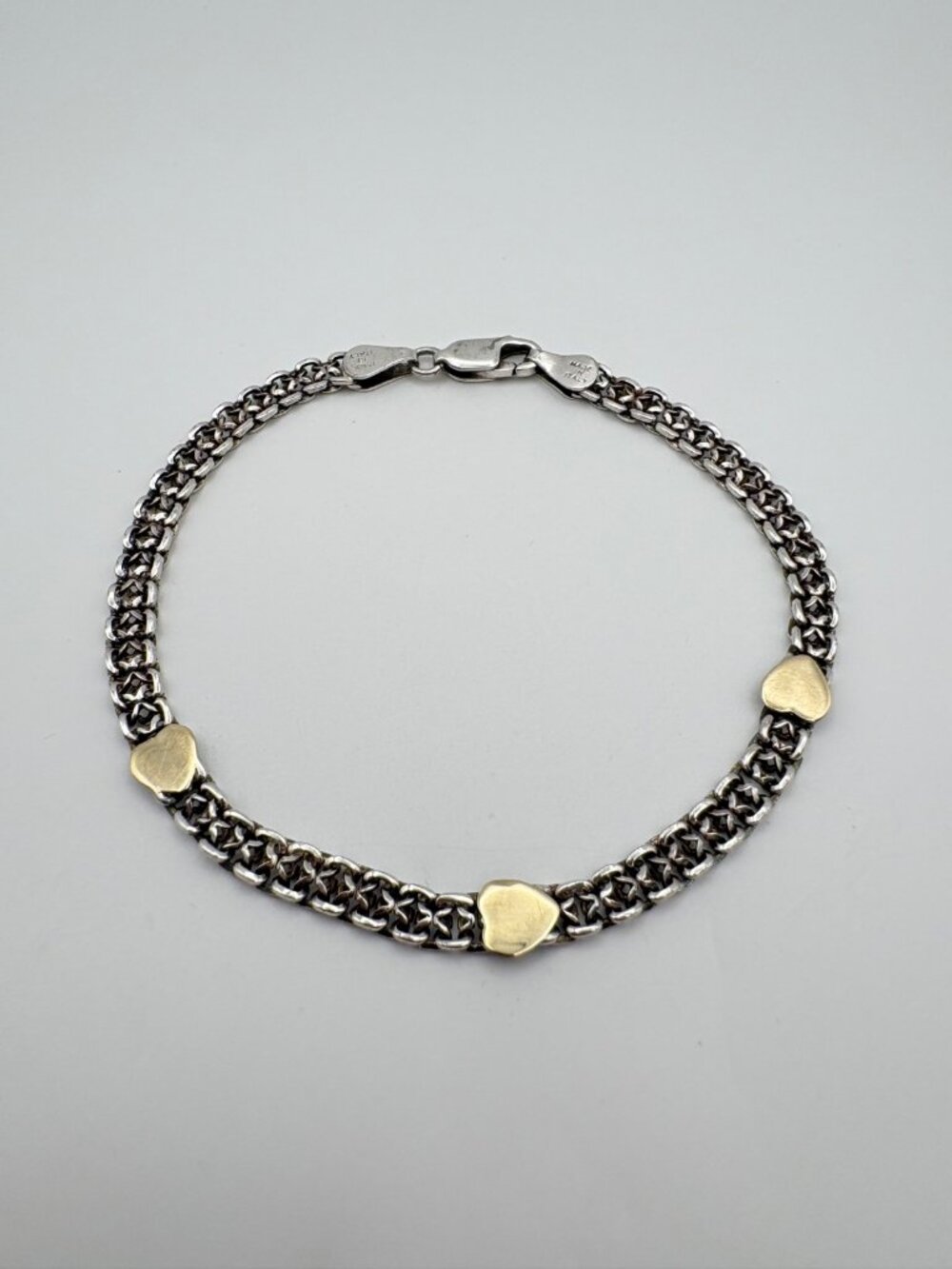 Milor 925 Sterling Silver 14K Yellow Gold Heart Accent Link Chain Bracelet 7 In